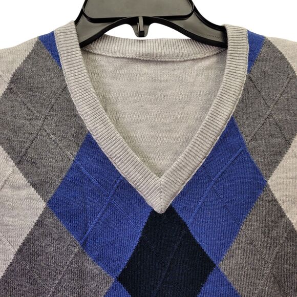 Men Argyle V-Neck Sweater Vest Winter Sleeveless Wool Knitted Gray & Blue Large - Picture 3 of 8